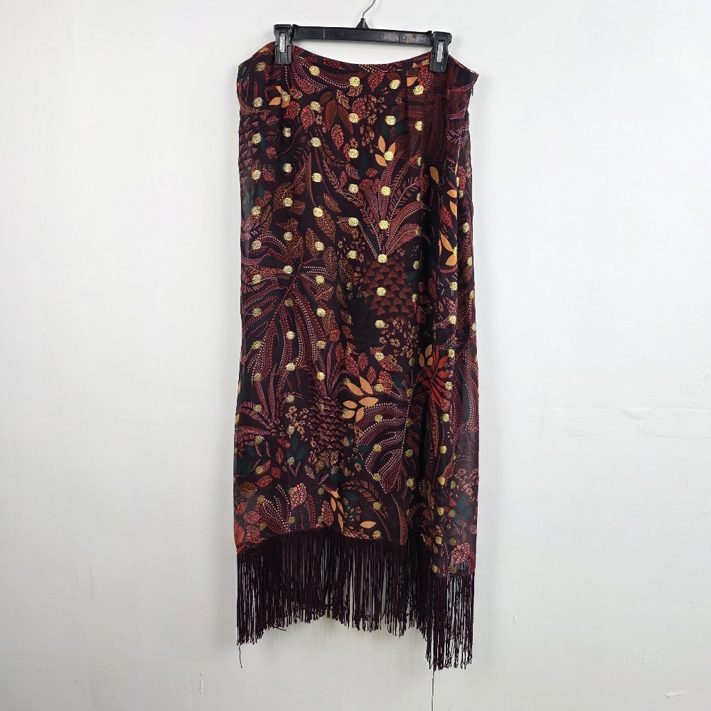 Fringe Hem Floral Pattern Midi Skirt - Brown - Picture 2 of 7